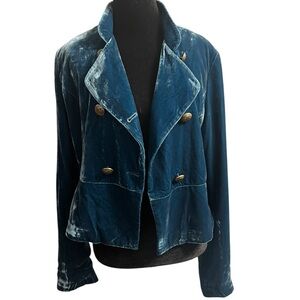 Heart Moon Star Teal Velvet Double-Breasted Blazer L